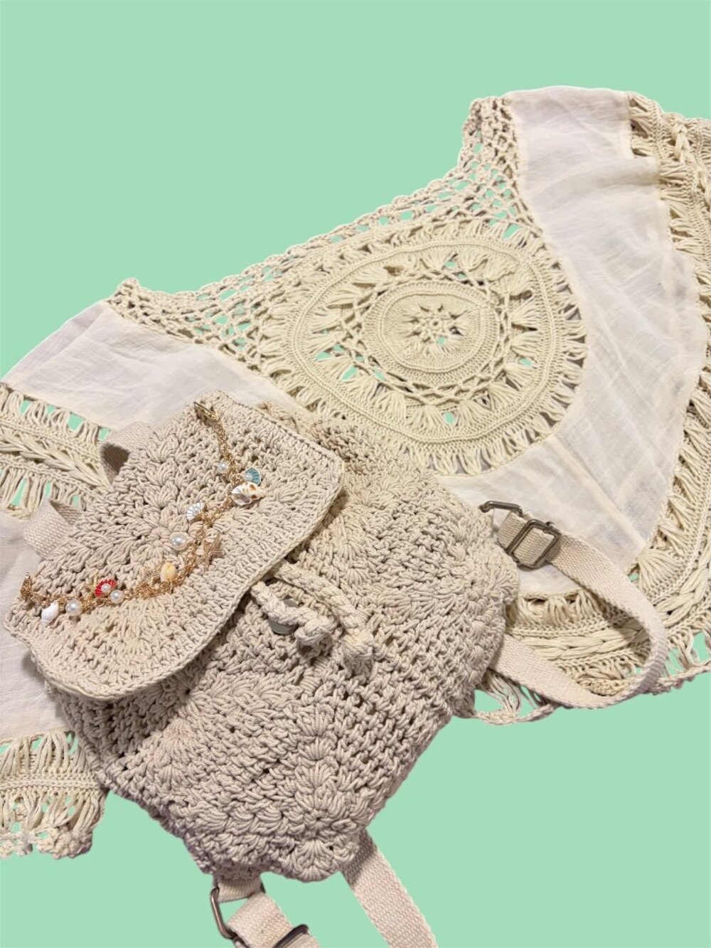 COTTON CROCHET COVERUP AND BEACH BACKPACK